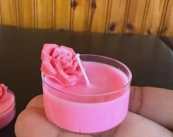 Juego de 4 velas pequeñas con forma de rosa rosa, decoración floral aromática, detalles románticos para bodas.