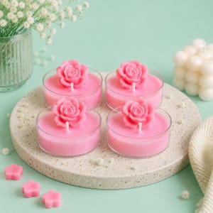Set med 4 rosa värmeljus, doftande blomdekor, romantiska bröllopsgåvor