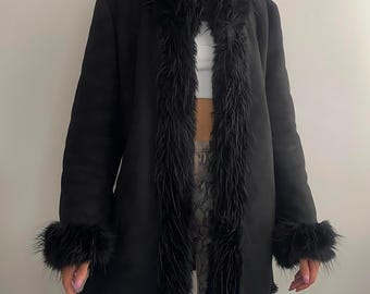 Women's Long Black Suede Penny Lane Afghan Coat | Vintage 90s Boho Shearling Fur Trim Mongolian Jacket | Unique Winter Gift for Her