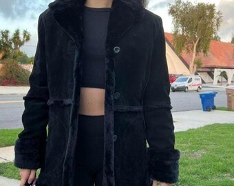 Handmade Black Suede Shearling Coat, 90s Boho Style Overcoat
