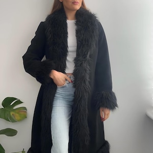 Women&#39;s Long Black Suede Penny Lane Afghan Coat | Vintage 90s Boho Shearling Fur Trim Mongolian Jacket | Unique Winter Gift for Her