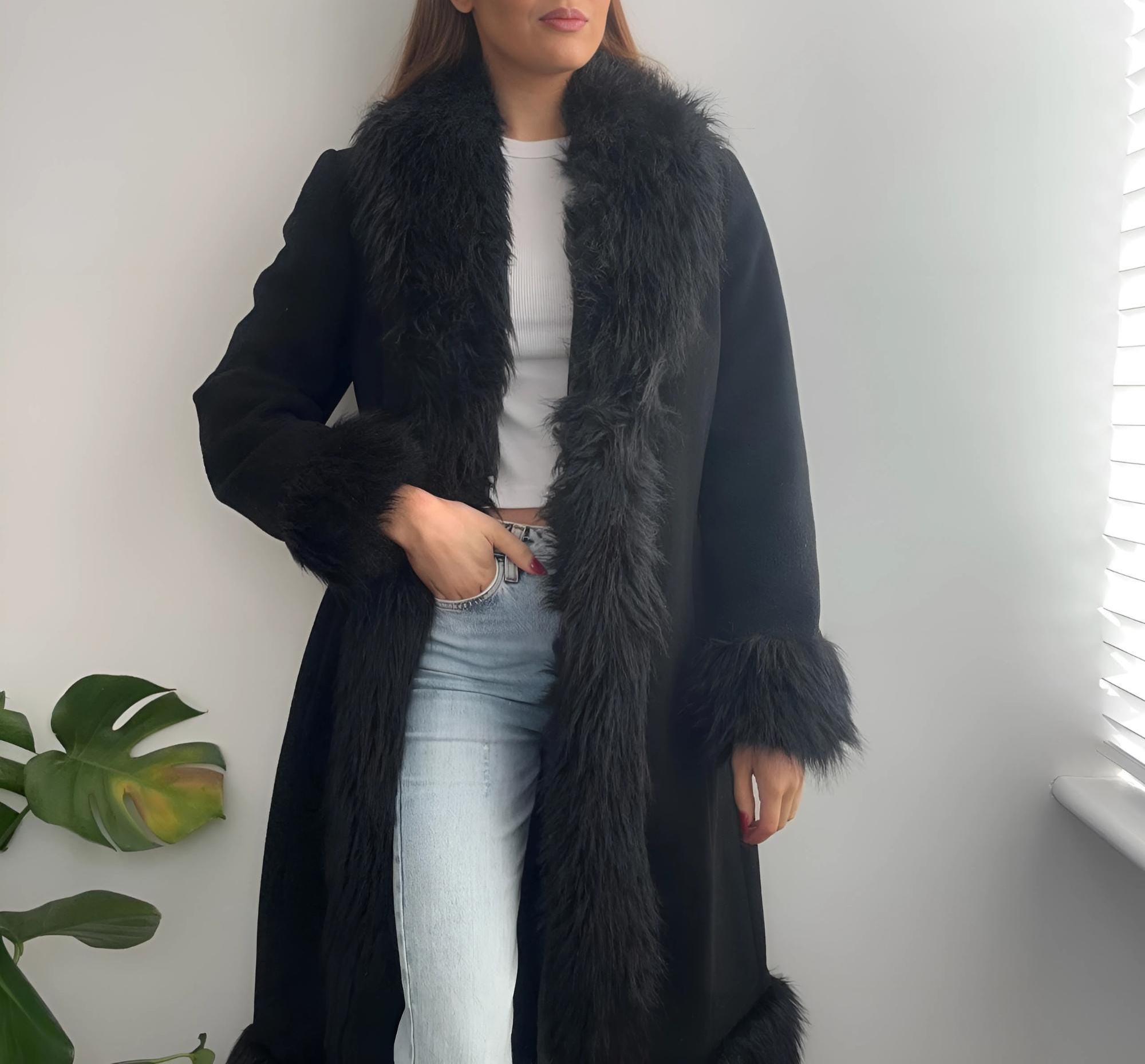 Women&#39;s Long Black Suede Penny Lane Afghan Coat | Vintage 90s Boho Shearling Fur Trim Mongolian Jacket | Unique Winter Gift for Her