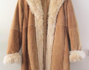 Women&#39;s Brown Coat Suede Leather Penny Lane Coat Vintage Afghan Coat Bohemian 90s Coat Handmade Shearling Trench Coat Long Coat Gift for her