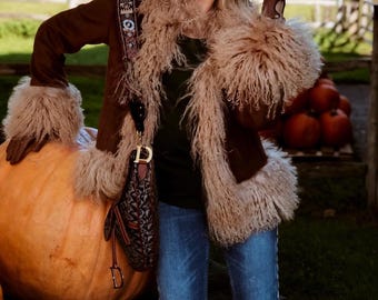Cappotto Donna Fatto a Mano Marrone Shearling Penny Lane Stile Anni 70 Vintage Afgano Scamosciato Medio Boho Invernale Regalo