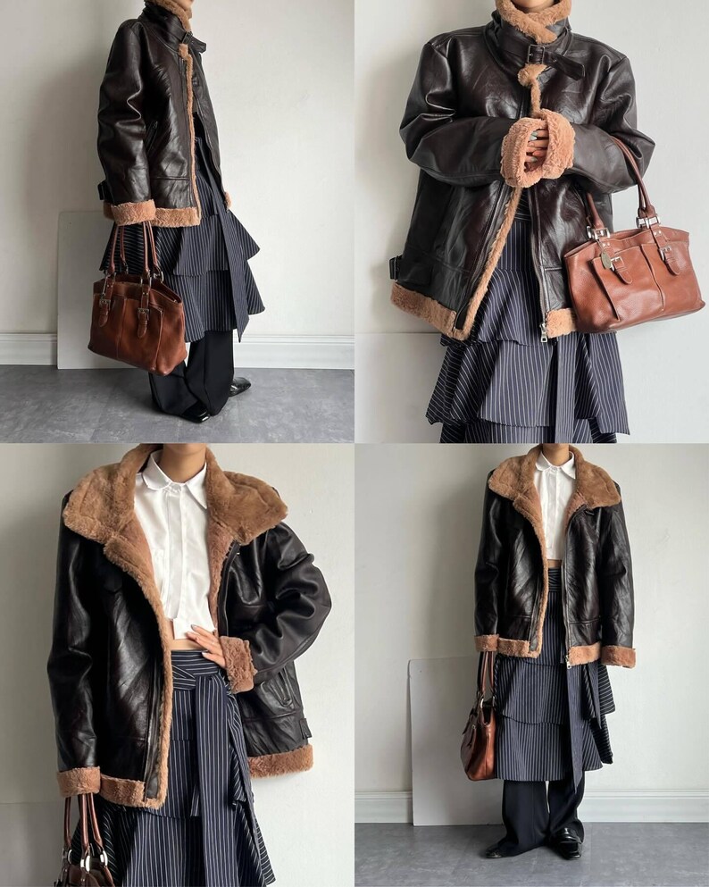 women's shearling bomber, brown aviator coat, sheepskin winter jacket, RAF pilot leather trench, vintage lambskin outerwear, cozy flight coat, handmade bomber jacket, distressed fur collar coat, warm shearling outerwear, WWII B3 bomber jacket, winter leather trench, lambskin flight bomber, women's brown bomber coat, sheepskin trench coat, leather pilot bomber, flight style winter coat, thick warm lambskin, retro shearling fashion, long bomber coat, real fur collar jacket