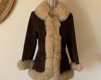 Vintage 90s Brown Suede Shearling Coat: Handmade Boho Winter Outerwear