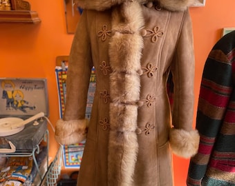 Women's Brown Suede Penny Lane Coat Handmade Afghan Shearling Fur Trim Long Hooded Vintage 70s Boho Winter Overcoat Gift for Her