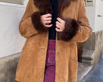 Vintage 70s Suede Penny Lane Coat: Boho Shearling Fur Trim