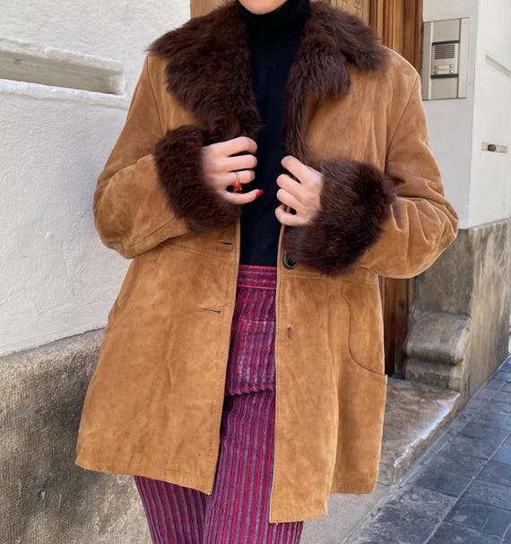 Vintage 70s Suede Penny Lane Coat: Boho Shearling Fur Trim