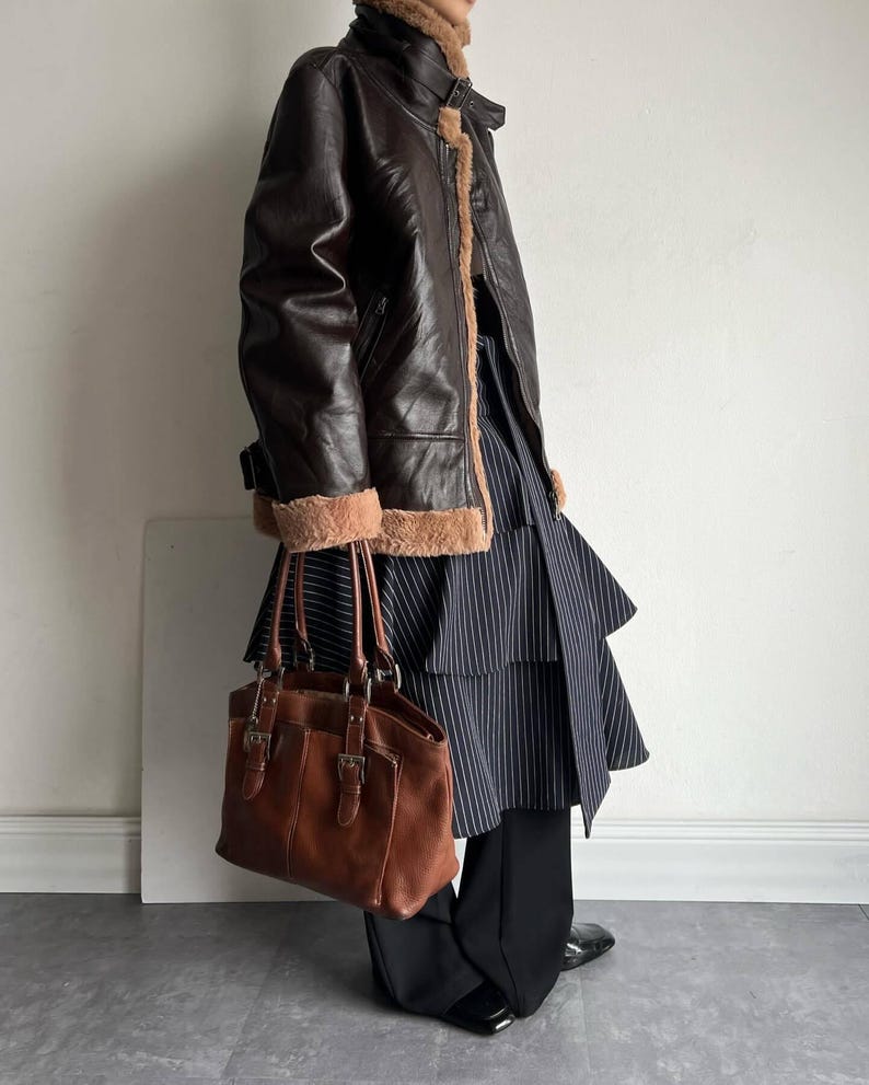 women's aviator bomber, shearling leather jacket, distressed brown coat, fur lined bomber, B3 pilot jacket, real lambskin coat, vintage trench bomber, WWII style flight coat, warm winter shearling, cozy fur collar coat, brown leather jacket, women's bomber outerwear, flight style trench, sheepskin winter coat, aviator lambskin bomber, leather outerwear women, retro shearling bomber, lambskin winter jacket, women's vintage coat, warm leather jacket, RAF style bomber, handmade aviator coat