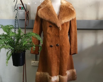 Women's Brown Suede Penny Lane Coat Handmade Afghan Shearling Fur Trim Long Vintage 70s Boho Winter Overcoat Luxury Gift for Her