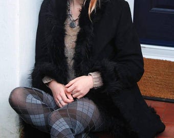 Women's Black Suede Penny Lane Coat 90s Vintage Afghan Shearling Overcoat, Handmade Mid-Length Boho Leather Jacket, Cozy Winter Gift for Her