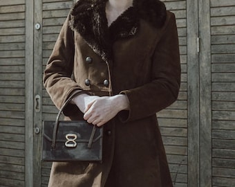 Women’s 70s Style Brown Sheepskin Suede Penny Lane Double Breasted Shearling Trench Afghan Winter Outerwear Timeless Winter Gift for Her