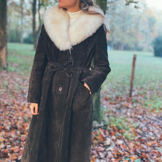 Handmade Black Shearling Suede Coat: Vintage Gothic Penny Lane
