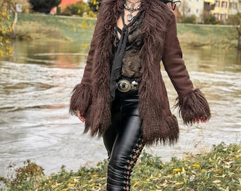 Women&#39;s Brown Penny Lane Fur Coat Afghan Suede Leather Handmade Vintage Coat Genuine Sheepskin Leather Shearling Wool Coat Winter Wear Gift