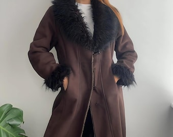 Women's Long Black Suede Penny Lane Afghan Coat | Vintage 90s Boho Shearling Fur Trim Mongolian Jacket | Unique Winter Gift for Her