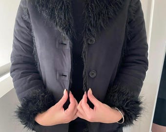 Vintage Black Suede Penny Lane Coat, Shearling Fur Trim, 70s Boho Jacket