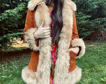 Women's Brown Suede Leather Penny Lane Afghan Coat – Handmade Mid-Length Overcoat | Boho Vibes | Retro 70s Winter Wear| Perfect Gift for Her
