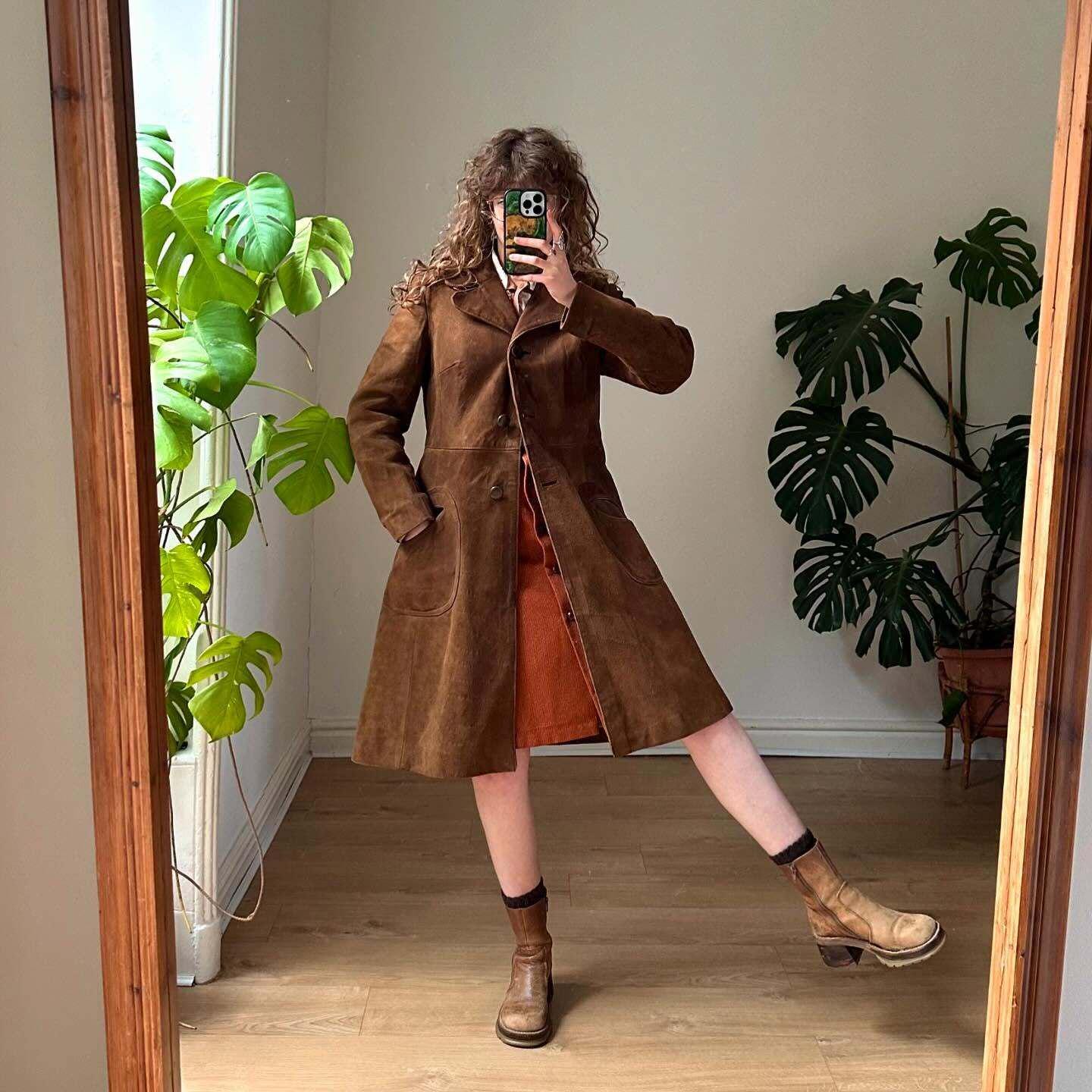 Vintage 70s Suede Trench Coat for Women – Brown Real Leather Long