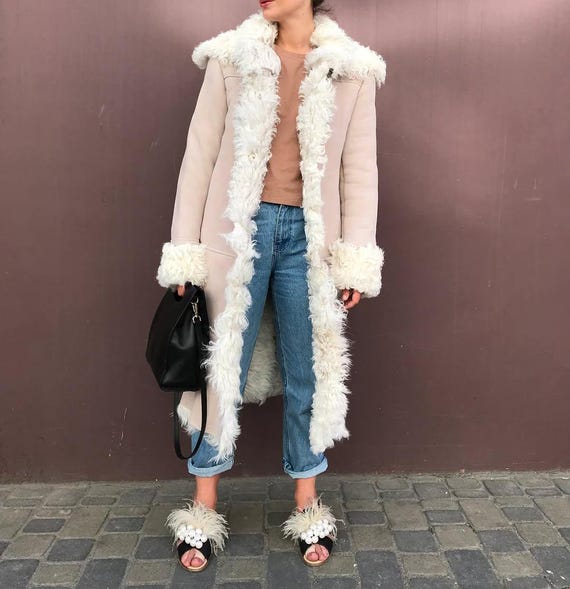 Vintage Suede Leather Afghan Coat: Handmade Shearling Fur Trim