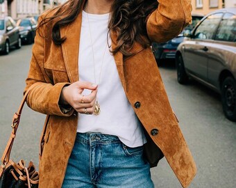Women&#39;s Classic Brown Suede Blazer Coat | Western-Inspired Leather Coat | Genuine Suede Outerwear | Elegant Vintage Style | Perfect Gift