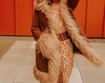 Women&#39;s Brown Penny Lane Coat Handmade Afghan Suede Leather Fur Jacket | Vintage 80s Boho Hippie Style| Long Trench Winter Coat Gift for Her