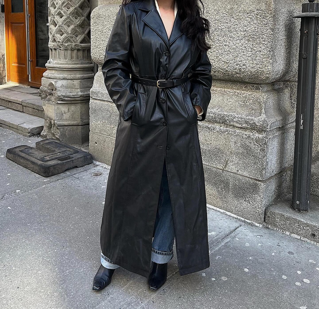 Handmade 90s Vintage Black Sheepskin Leather Trench Coat: Gothic