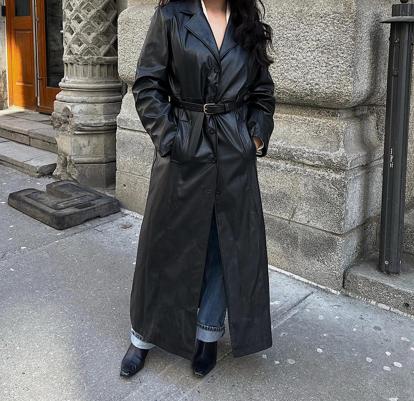 Handmade 90s Vintage Black Sheepskin Leather Trench Coat: Gothic