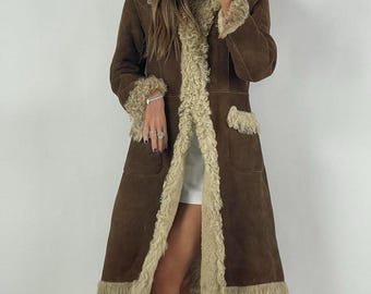 Abrigo Mujer 90s Vintage Marrón de Gamuza con Piel Penny Lane | Trench Afgano Artesanal Shearling | Regalo de Invierno Atemporal
