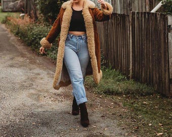 Handmade 90s Afghan Suede Leather Coat: Boho Shearling Fur Trim