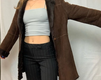 Women's Handmade 90s Style Vintage Sheepskin Suede Shearling Coat Oversized Mid Length Brown Winter Outerwear Perfect Winter Gift For Her