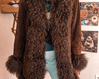 Women’s Brown Sheepskin Suede Leather Penny Lane Coat – Handmade Shearling Mid Length Vintage Afghan Winter Outerwear Timeless Gift for Her