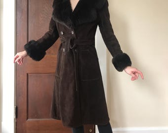Vintage 70s Brown Suede Shearling Coat: Boho Afghan Style