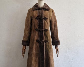 Vintage 70s Afghan Suede Shearling Coat: Handmade Boho Winter Trench