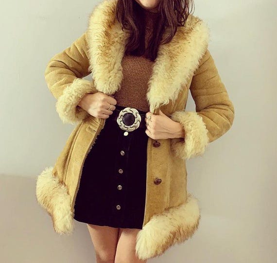 Vintage Afghan Suede Shearling Coat: Handmade 90s Boho Overcoat