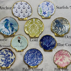 Scallop Shell Ring Dish, Shell Decor, Trinket Tray, hand-crafted, Decoupage Scallop Shell, Bridal Shower favor, Coastal Home Decor