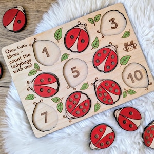 Wooden Handpainted Ladybug Counting Board: Montessori Math Toy