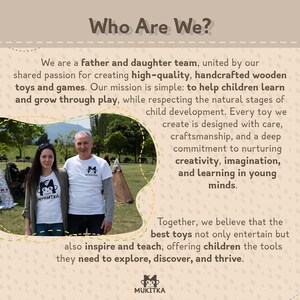 Pu&ograve; includere: Un team di padre e figlia posa davanti a un tepee, sorridendo. Entrambi tengono giocattoli di legno e indossano magliette con il logo "MUKITKA". Il testo "Who Are We?" si trova nella parte superiore dell'immagine. Il testo sotto l'immagine dice "Siamo un team di padre e figlia, uniti dalla nostra passione condivisa per la creazione di giocattoli e giochi in legno di alta qualit&agrave; e realizzati a mano. La nostra missione &egrave; semplice: aiutare i bambini ad imparare e crescere giocando, rispettando le fasi naturali dello sviluppo infantile. Ogni giocattolo che creiamo &egrave; progettato con cura, artigianalit&agrave; e un profondo impegno per la promozione della creativit&agrave;, dell'immaginazione e dell'apprendimento nelle giovani menti. Insieme, crediamo che i migliori giocattoli non solo intrattengano, ma ispirino e insegnino anche, offrendo ai bambini gli strumenti di cui hanno bisogno per esplorare, scoprire e prosperare."