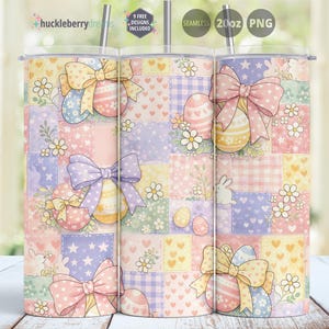 May include: Three 20oz PNG tumblers with a pastel Easter theme. Each tumbler features a patchwork design with Easter eggs, bows, and floral accents. The design includes the text "9 FREE DESIGNS INCLUDED" and "SEAMLESS".