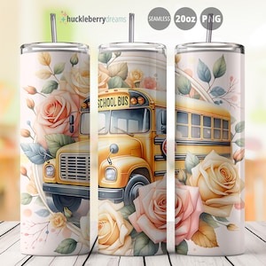 School Bus Tumbler Wrap, Bus Driver 20oz Skinny Sublimation PNG, School Bus and Roses Wrap PNG, Instant Download, Commercial Use