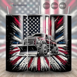 May include: A 20oz tumbler with a red, white, and blue American flag design. A black pickup truck with a snow plow is driving through the flag. The tumbler is seamless and made of PNG.