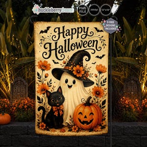 May include: A rectangular garden flag featuring the text Happy Halloween in black script. The design includes a white ghost wearing a black witch hat with orange flowers, a black cat with an orange plaid bow, and a carved orange jack-o'-lantern.
