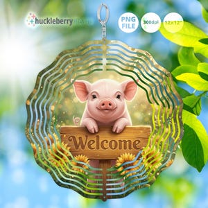 May include: A metal wind spinner featuring a smiling piglet holding a "Welcome" sign, surrounded by sunflowers. The design includes a wavy, layered frame and a silver hanging loop. The background is a sunny, blurred outdoor scene.