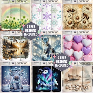 K&ouml;nnte beinhalten: Eine Sammlung von neun 590 ml PNG-Becherdesigns. Die Designs umfassen einen Regenbogen &uuml;ber Kleebl&auml;ttern, Schneeflocken, Bienen und G&auml;nsebl&uuml;mchen, eine Waldszene, einen Schneeleoparden, Herzen, eine Kuh, einen Pinguin und eine Strandszene.
