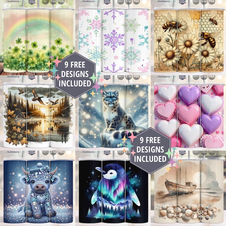 K&ouml;nnte beinhalten: Eine Sammlung von neun 590 ml PNG-Becherdesigns. Die Designs umfassen einen Regenbogen &uuml;ber Kleebl&auml;ttern, Schneeflocken, Bienen und G&auml;nsebl&uuml;mchen, eine Waldszene, einen Schneeleoparden, Herzen, eine Kuh, einen Pinguin und eine Strandszene.