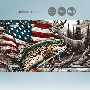 K&ouml;nnte beinhalten: Kennzeichen mit einer detaillierten Illustration einer Forelle, eines Hirsches und der amerikanischen Flagge. Die Platte misst 15,24 x 30,48 cm. Das Design umfasst einen rustikalen Holzmaserungshintergrund und eine Berglandschaft.