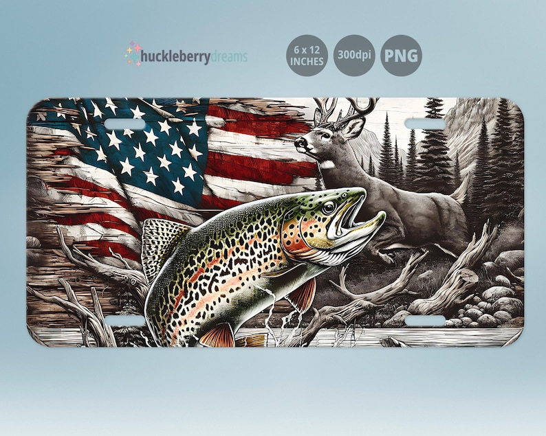 K&ouml;nnte beinhalten: Kennzeichen mit einer detaillierten Illustration einer Forelle, eines Hirsches und der amerikanischen Flagge. Die Platte misst 15,24 x 30,48 cm. Das Design umfasst einen rustikalen Holzmaserungshintergrund und eine Berglandschaft.