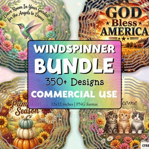 May include: A digital bundle of wind spinner designs featuring four circular graphics: a hummingbird with flowers, an American flag landscape with text 'GOD BLESS AMERICA', a pumpkin stack with 'Pumpkin Season', and three kittens with flowers.