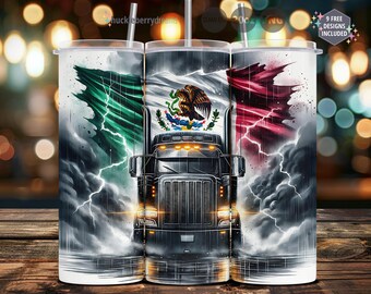 Semi Truck Tumbler Wrap, Mexican Flag Trucker Sublimation PNG, Patriotic Truck Wrap 20oz Skinny Tumbler, Instant Download, Commercial Use