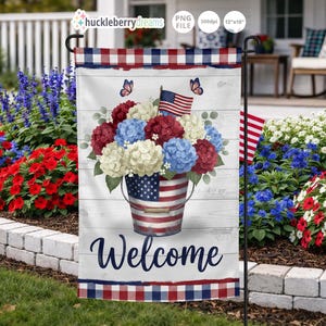 May include: A patriotic garden flag featuring a bucket of red, white, and blue flowers, an American flag, and butterflies. The flag has a white wood-look background and the word "Welcome" in script. The top and bottom borders have a red and blue plaid pattern.